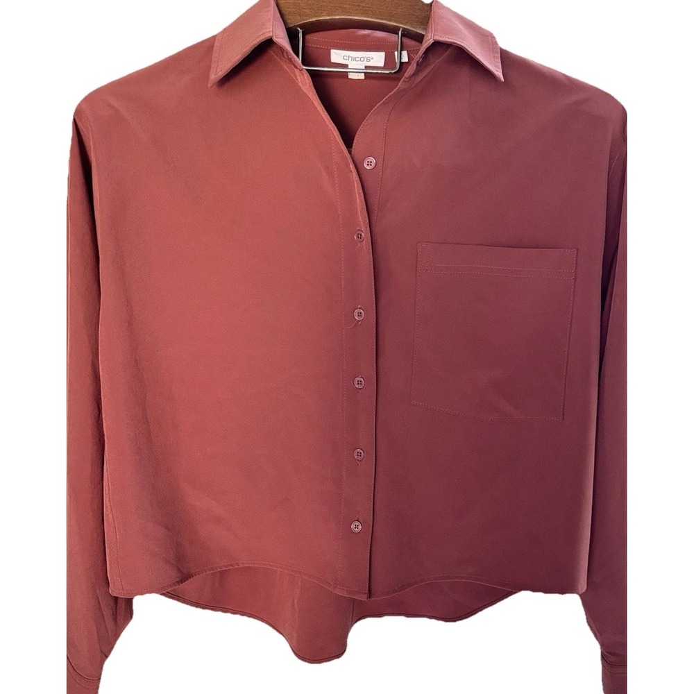 Chico's size 1 Long sleeved Shirt Rust No iron Cropped Size 4 Longer‎ In Back